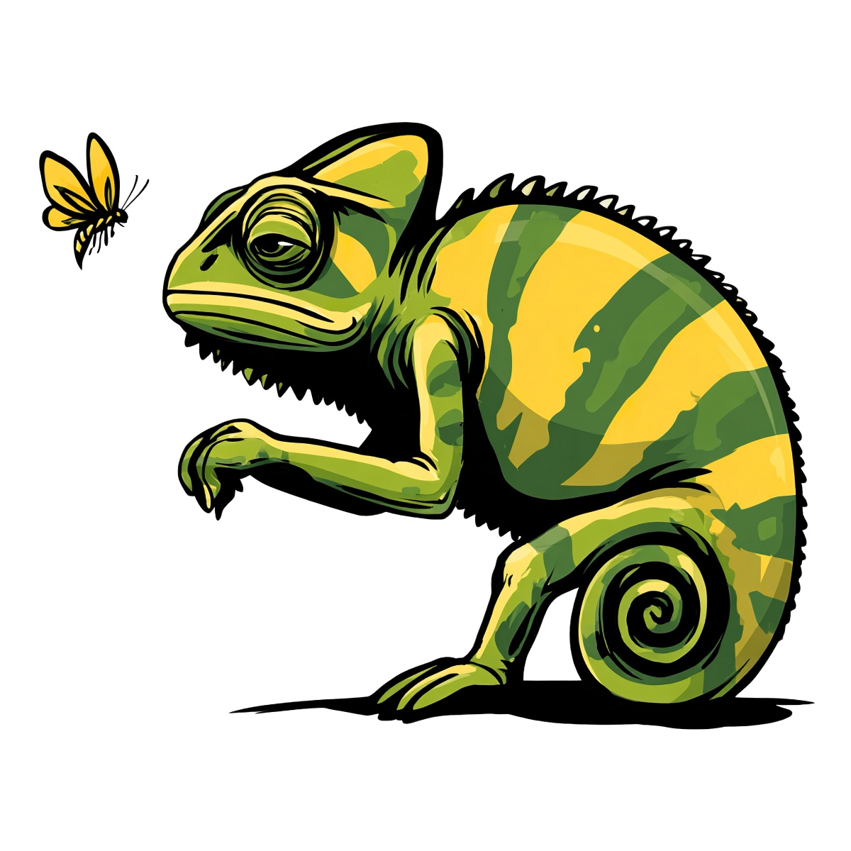 Chameleon with green and yellow stripes facing a butterfly.