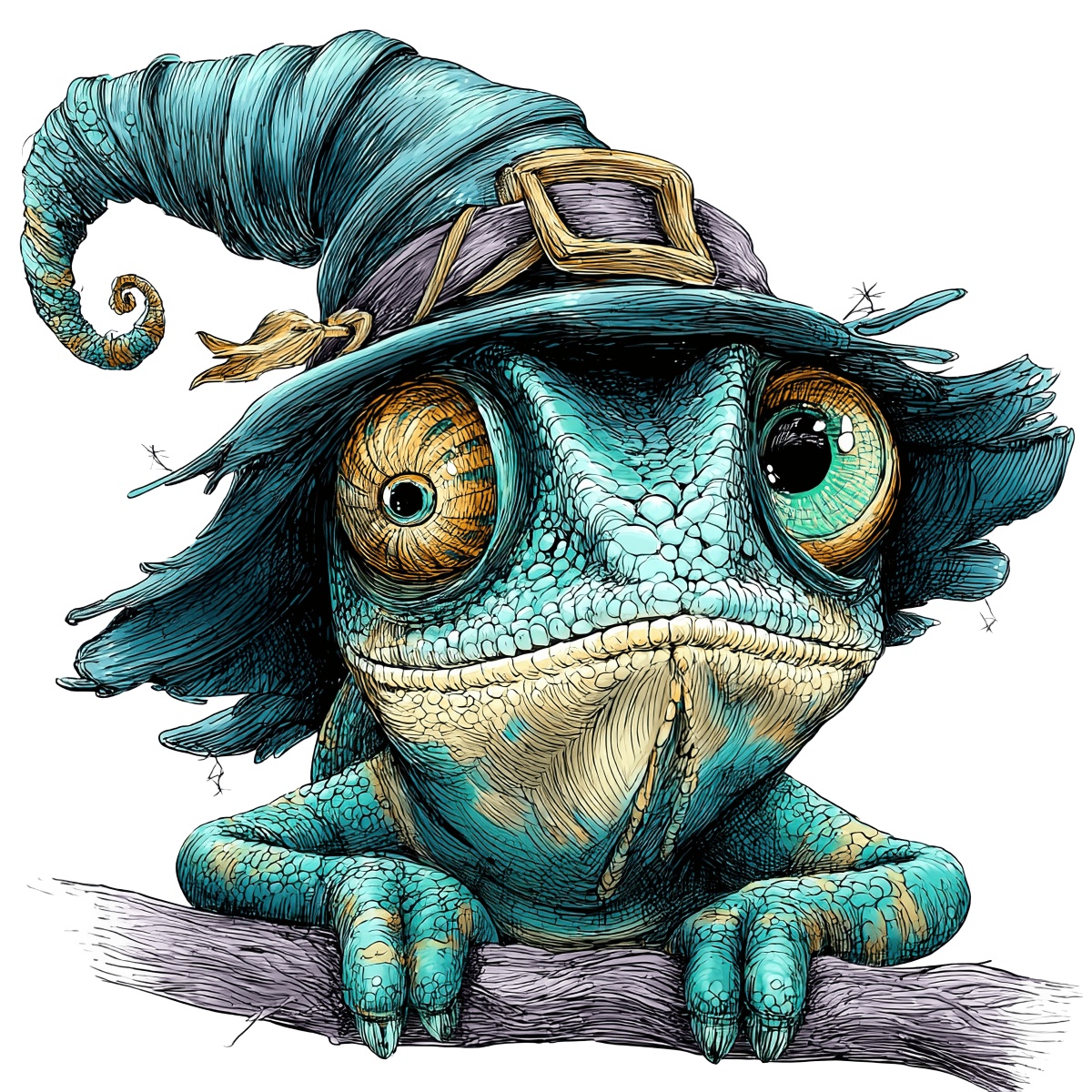 Chameleon wearing a wizard hat, sitting on a branch, in detailed illustration.