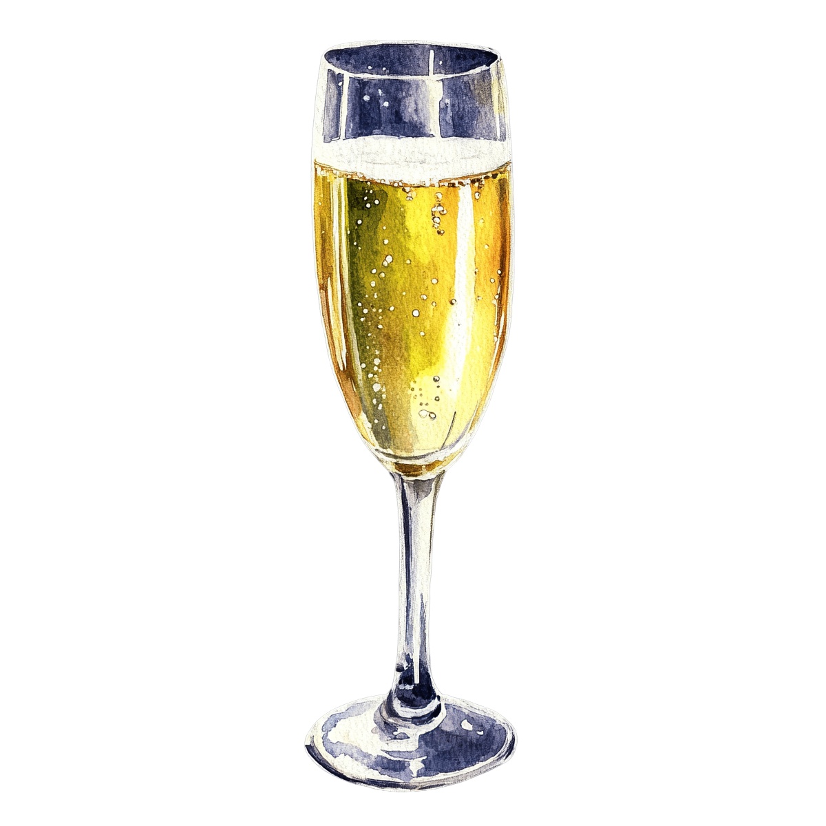 Champagne flute filled with golden sparkling wine and visible bubbles.