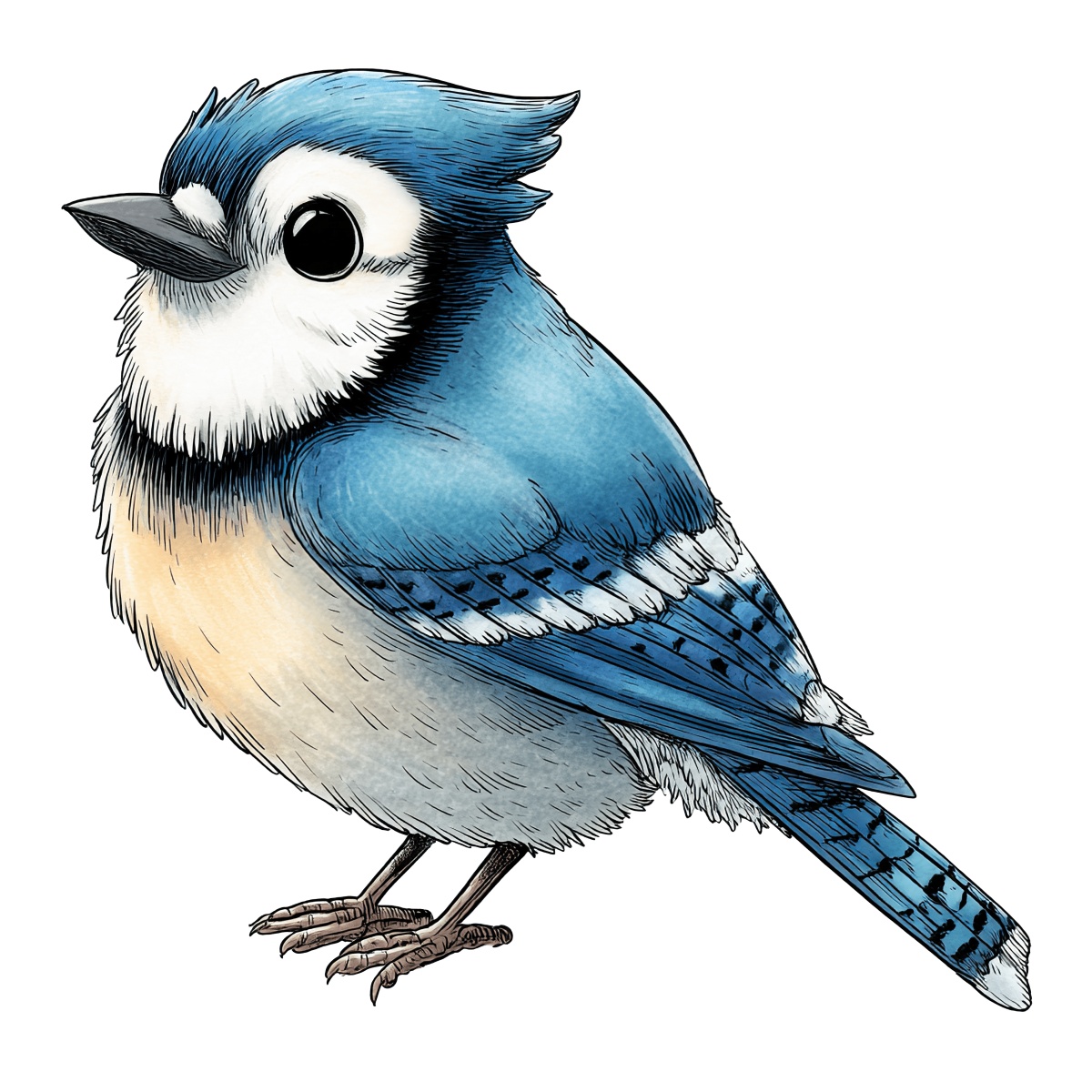 Illustration of a blue jay bird with vibrant blue and white feathers.