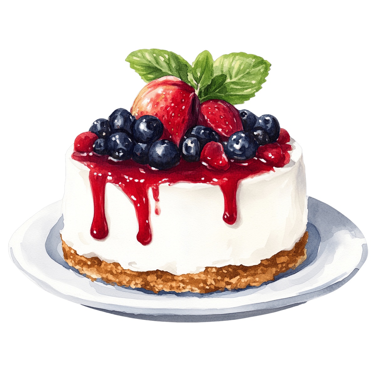 Cheesecake topped with fresh berries and mint leaves on a white plate.