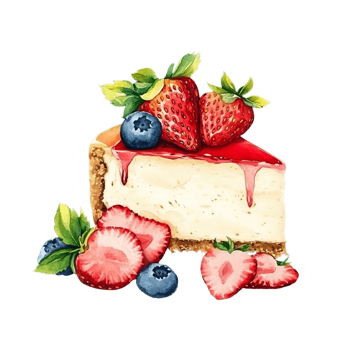 Cheesecake slice with strawberries and blueberries on top, detailed clipart.