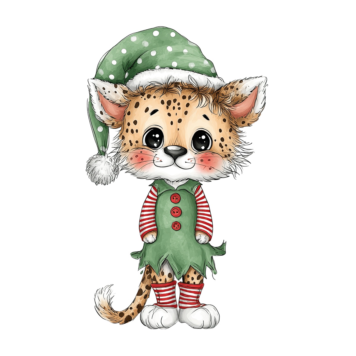 Cheetah in an elf costume with a green hat and striped outfit.