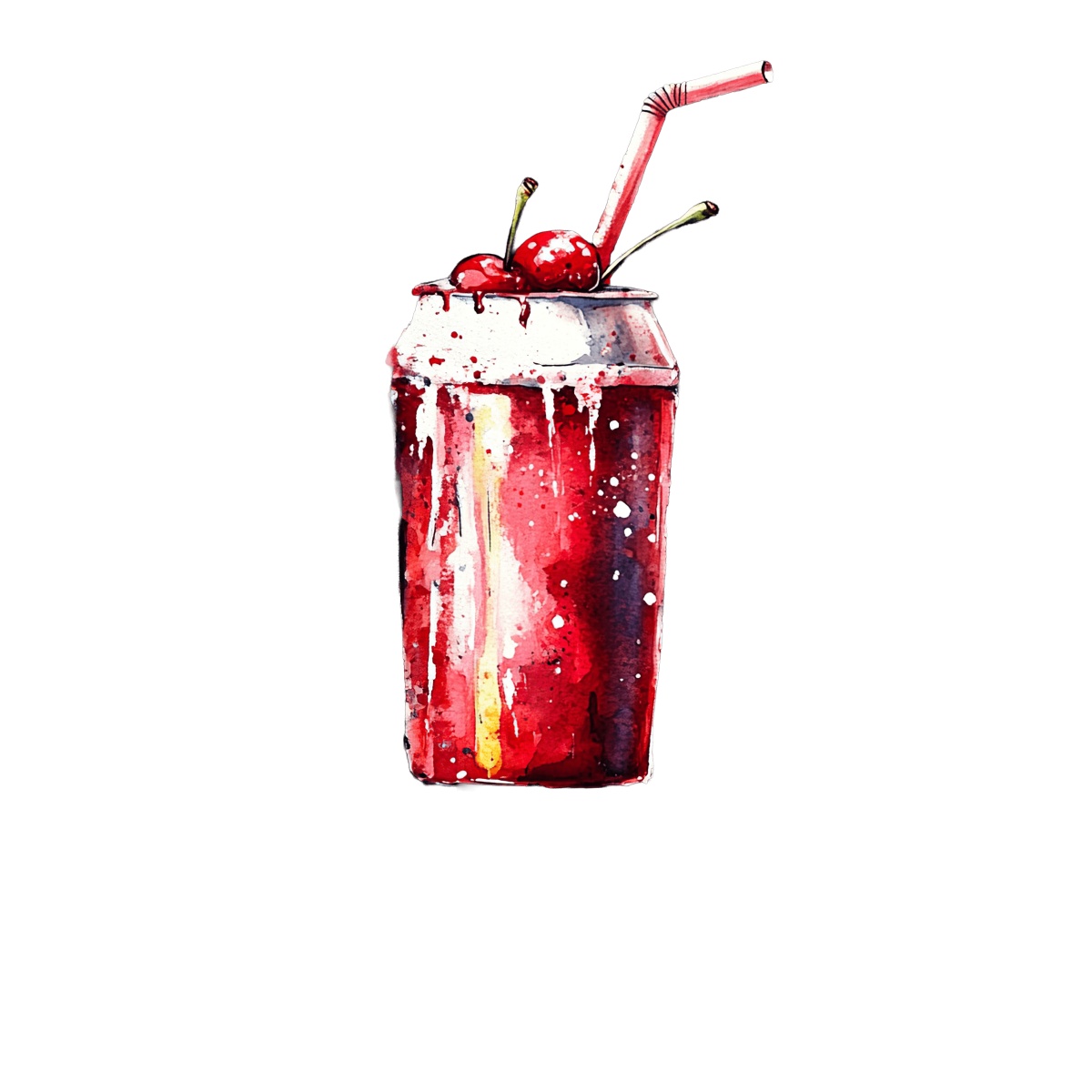 Cherry soda can with straw and cherries on top.