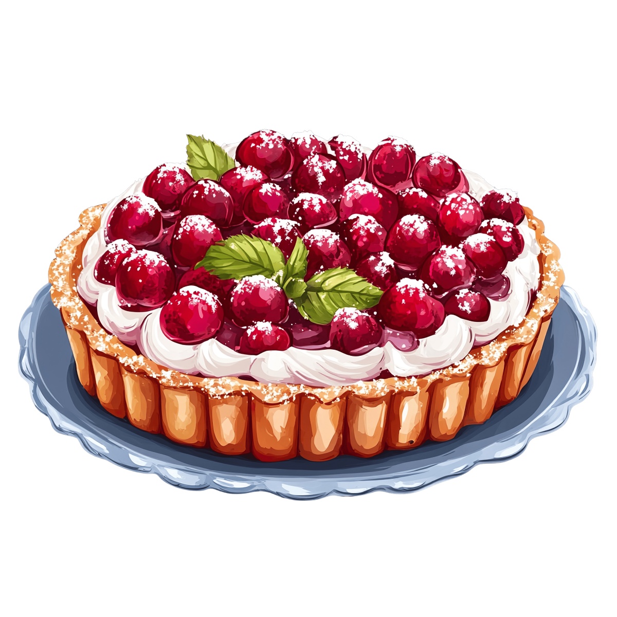 Cherry tart on a plate with whipped cream and mint garnish.