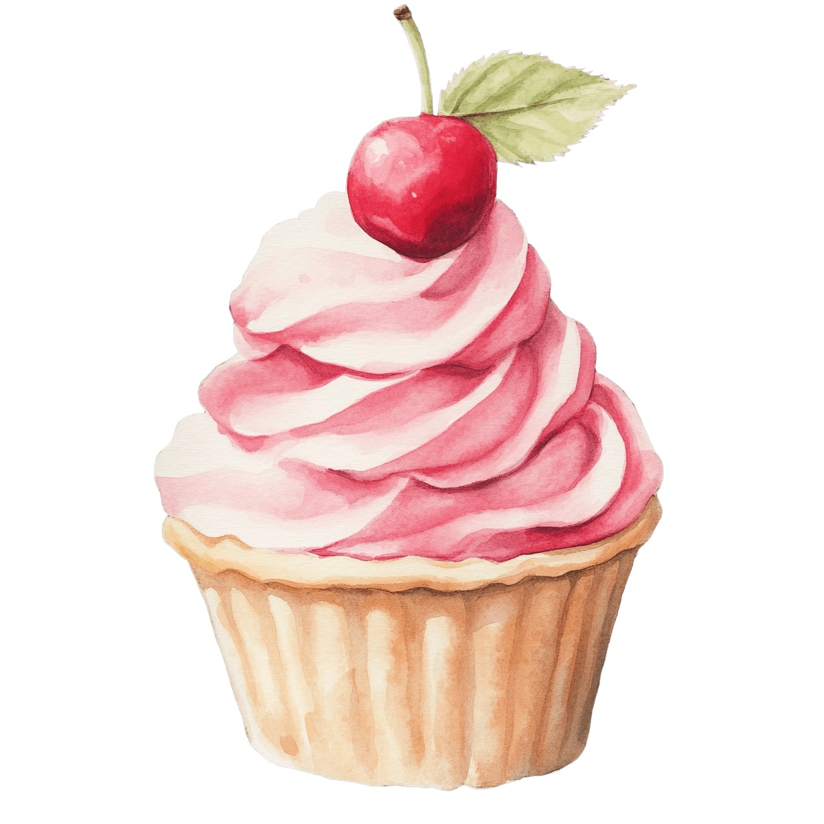 Cupcake with pink frosting, cherry, and leaf on top.