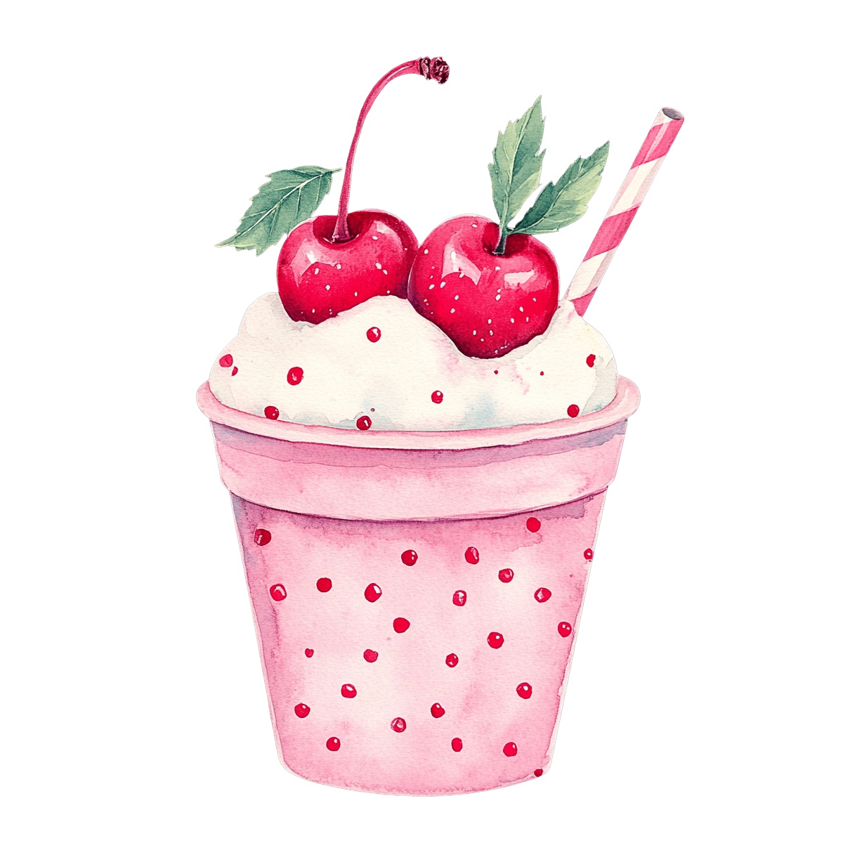 Cherry milkshake in a pink cup with whipped cream and a straw.