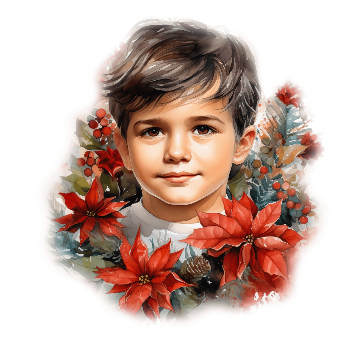 Child's portrait with poinsettias and holiday foliage in a festive design.