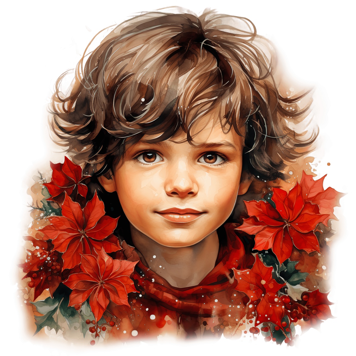 Child portrait with brown hair and red poinsettias in a watercolor style.