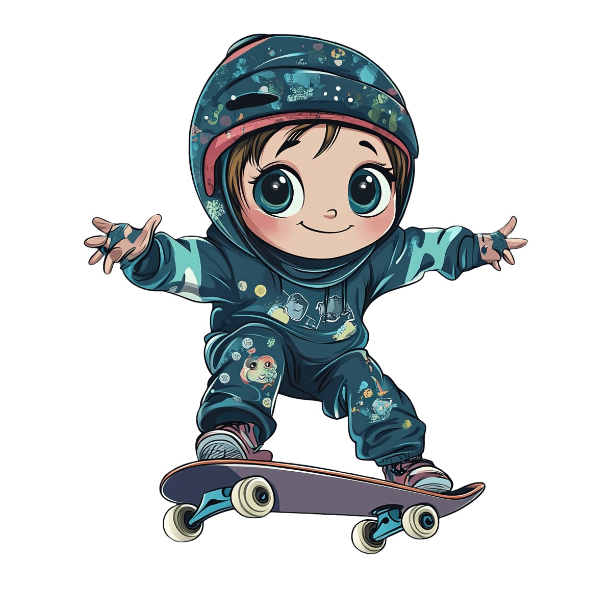 Child wearing helmet skateboards with arms outstretched for balance.