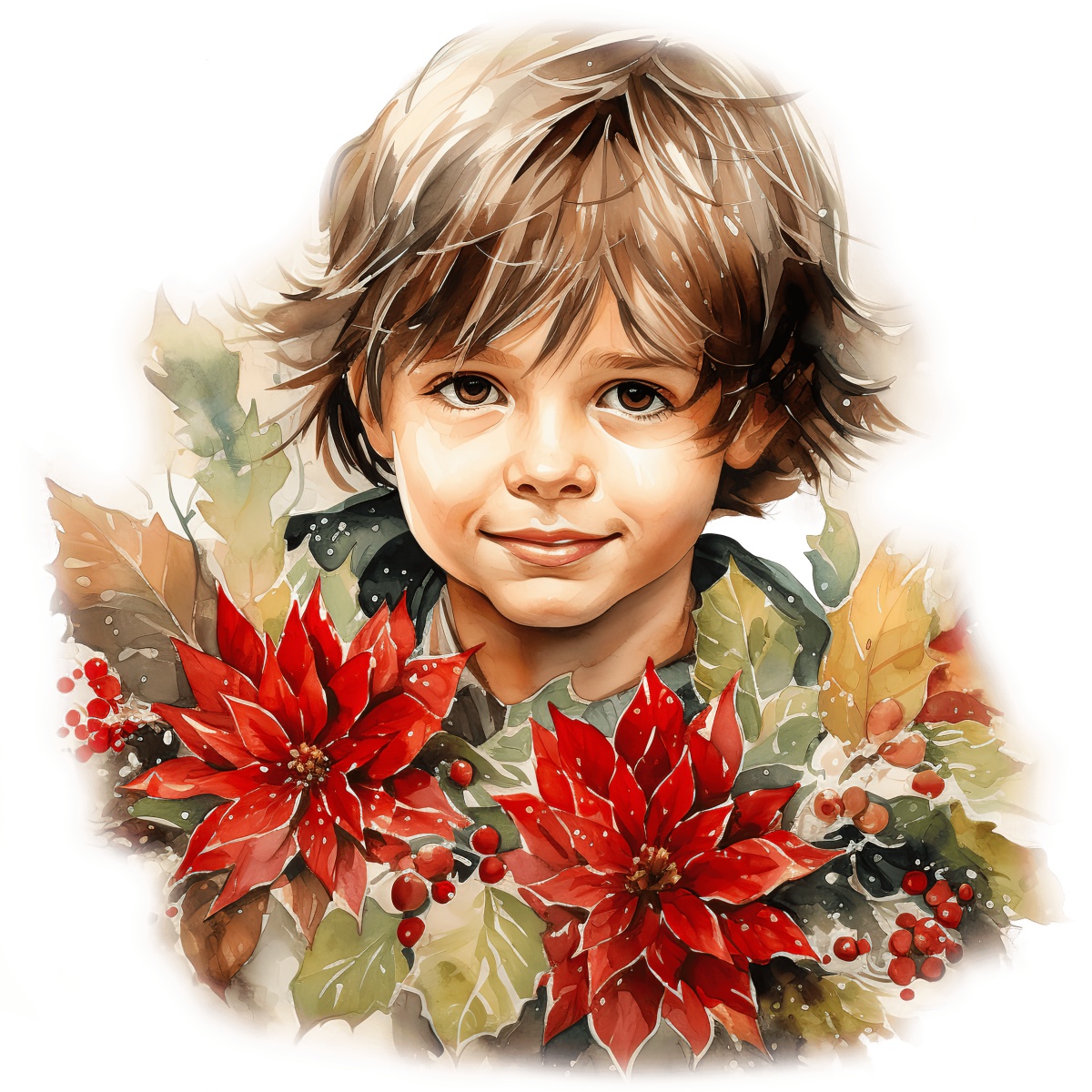 Young child surrounded by red poinsettias and holly leaves in festive illustration.