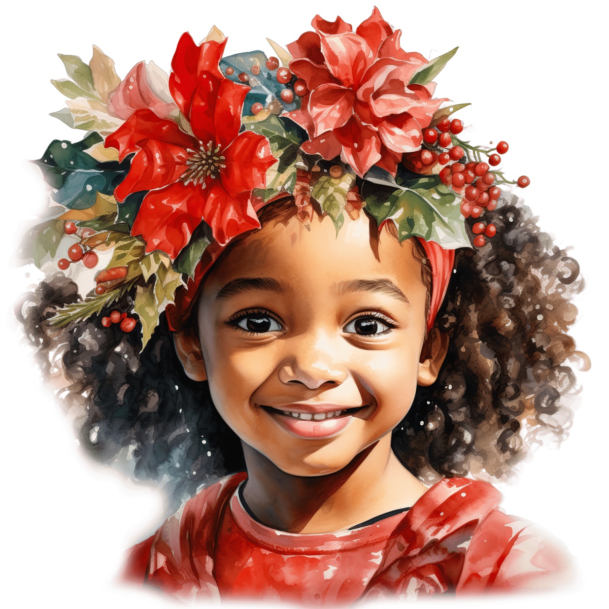 Child wearing a red floral headband and red outfit for a holiday event.