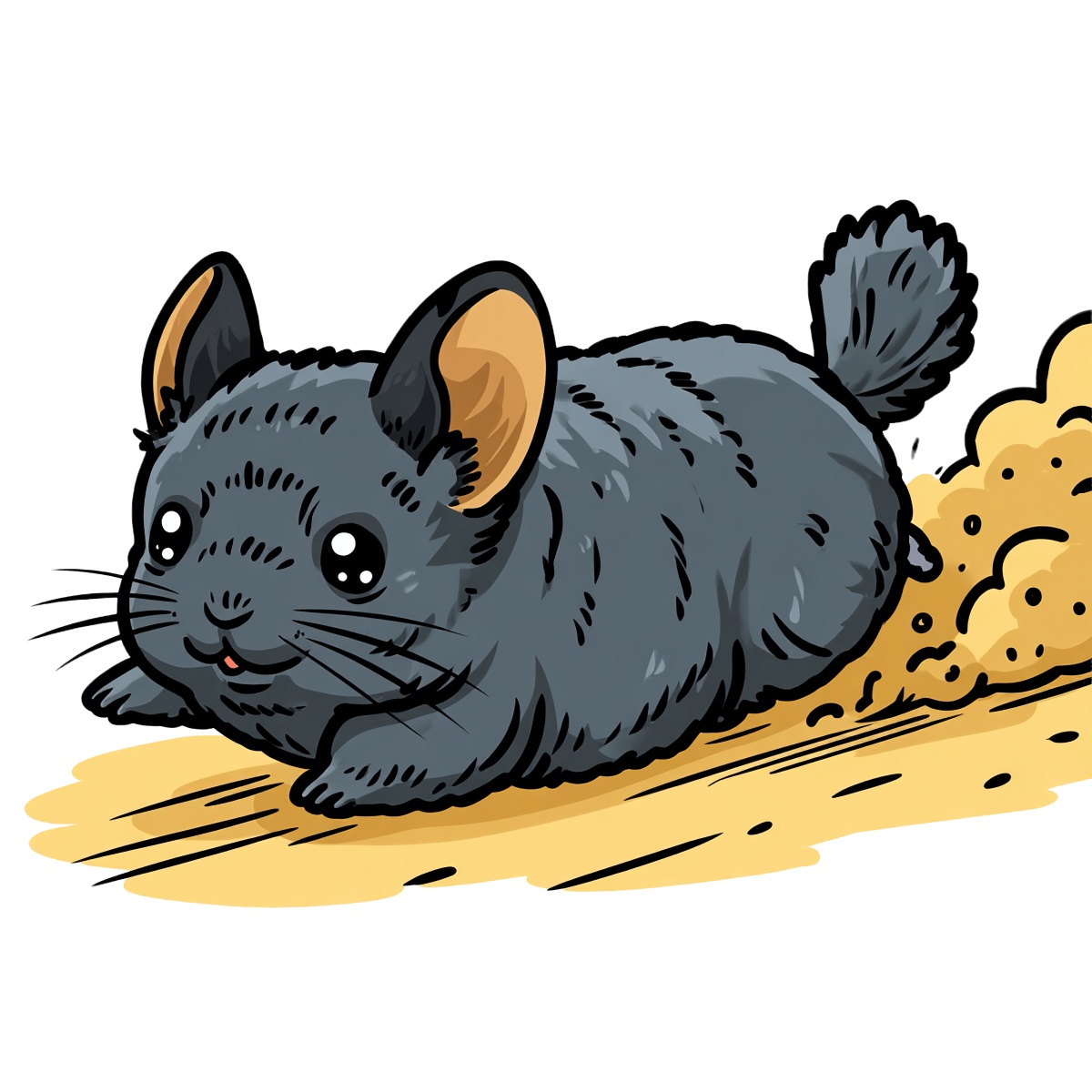 Chinchilla clipart running on sand with a fluffy tail, cartoon style.