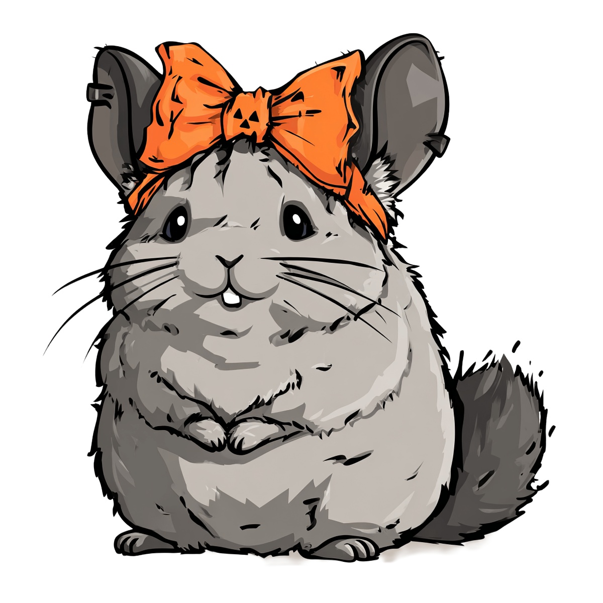 Gray chinchilla with orange bow and pumpkin design in clipart style.