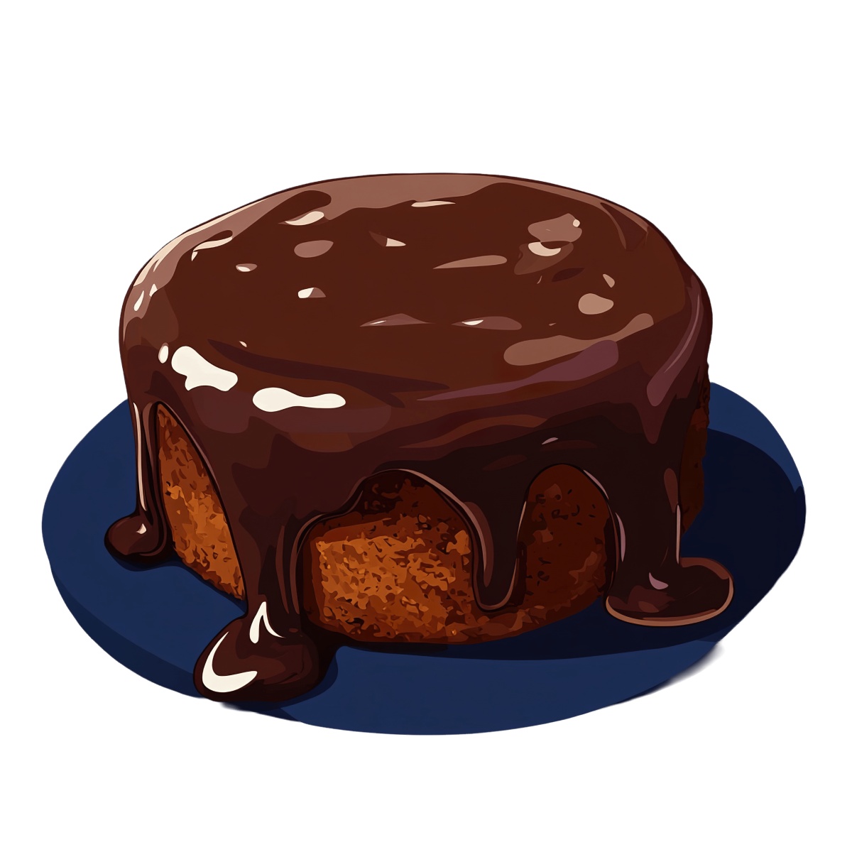 Chocolate cake with ganache on a blue plate, detailed clipart.