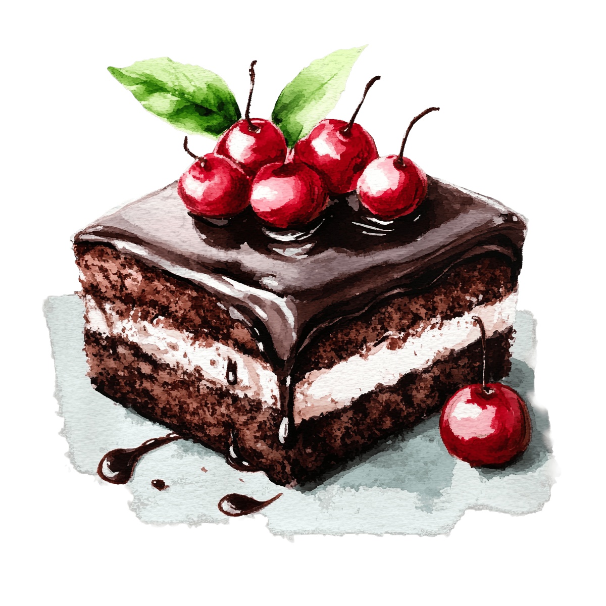 A slice of chocolate cake with cherries and chocolate drizzle on top.