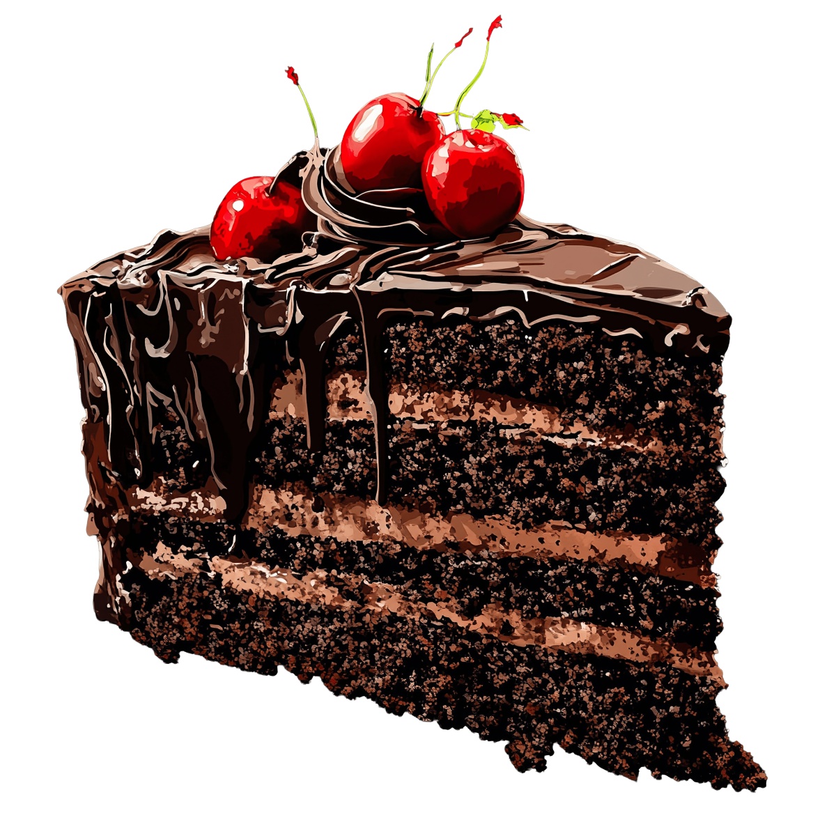 Chocolate cake slice with cherries and chocolate frosting on top.