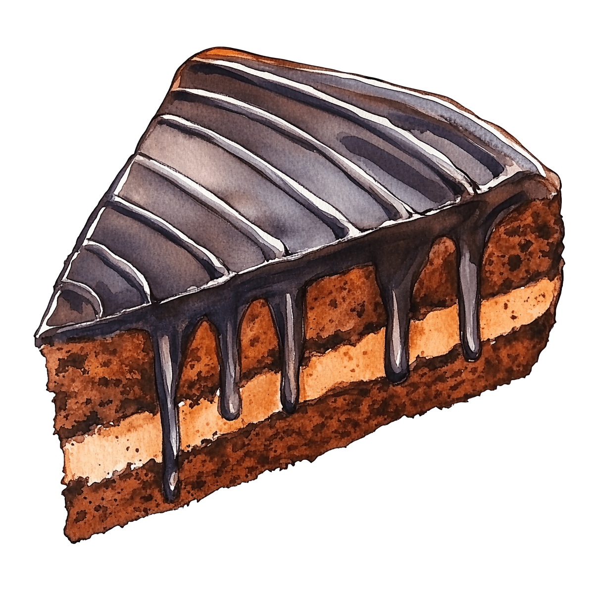 Chocolate cake slice with ganache topping and layered filling.