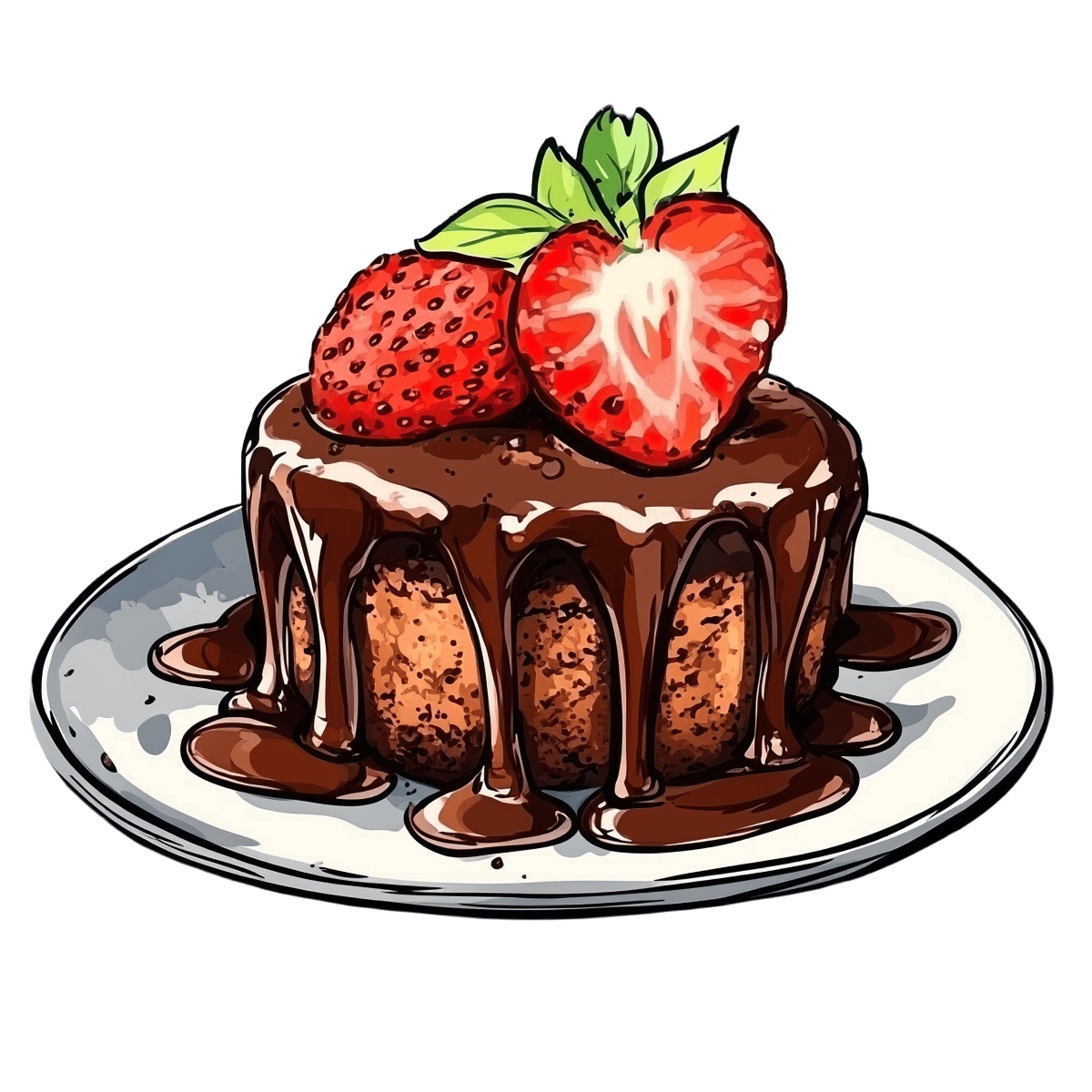 Chocolate cake with strawberries and chocolate sauce on a white plate.