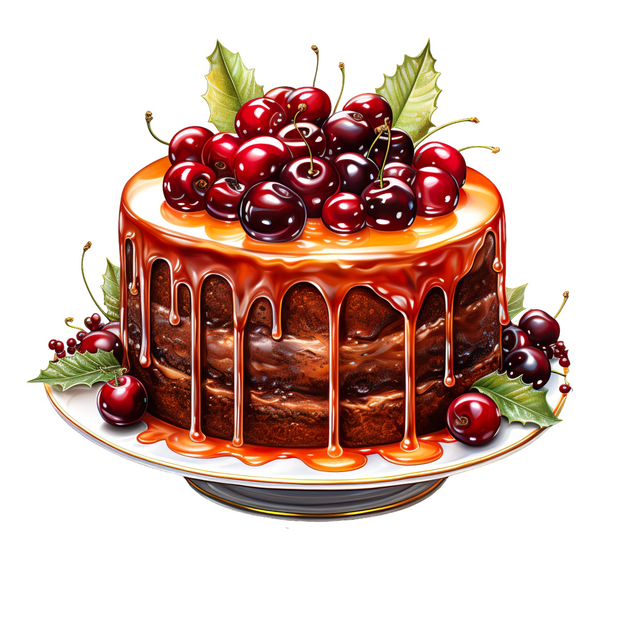 Chocolate cake with cherries and caramel drips on a white plate.