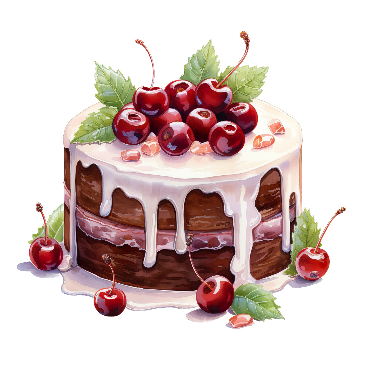 Chocolate cake with white icing and fresh cherries on top.