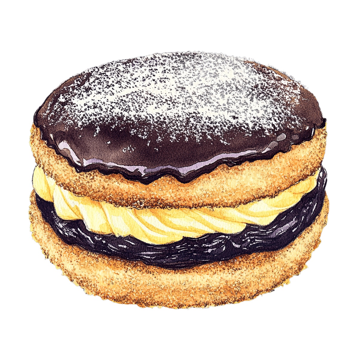 Chocolate cream-filled pastry with powdered sugar on top and layered filling.