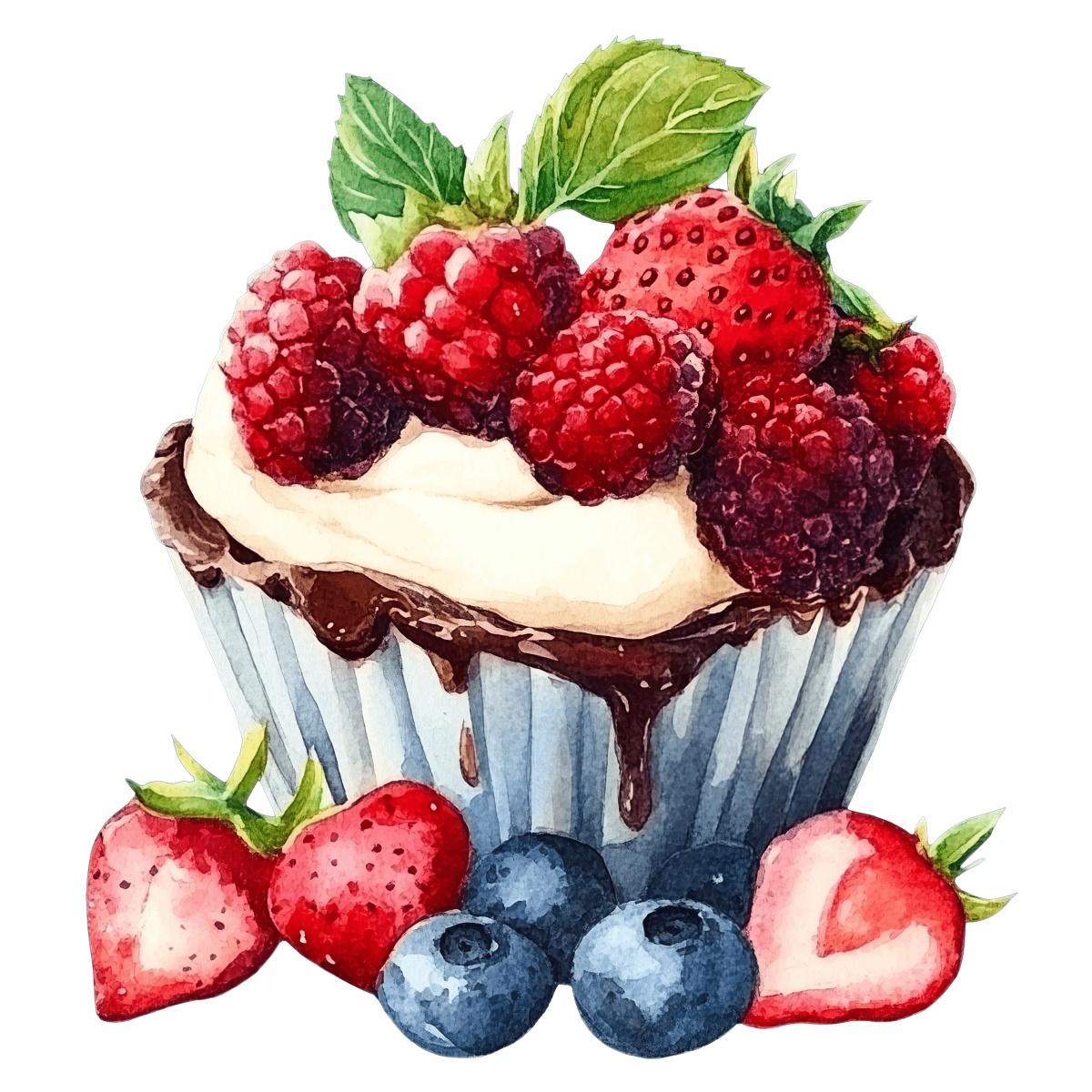 Chocolate cupcake with fresh berries and mint leaves on top.