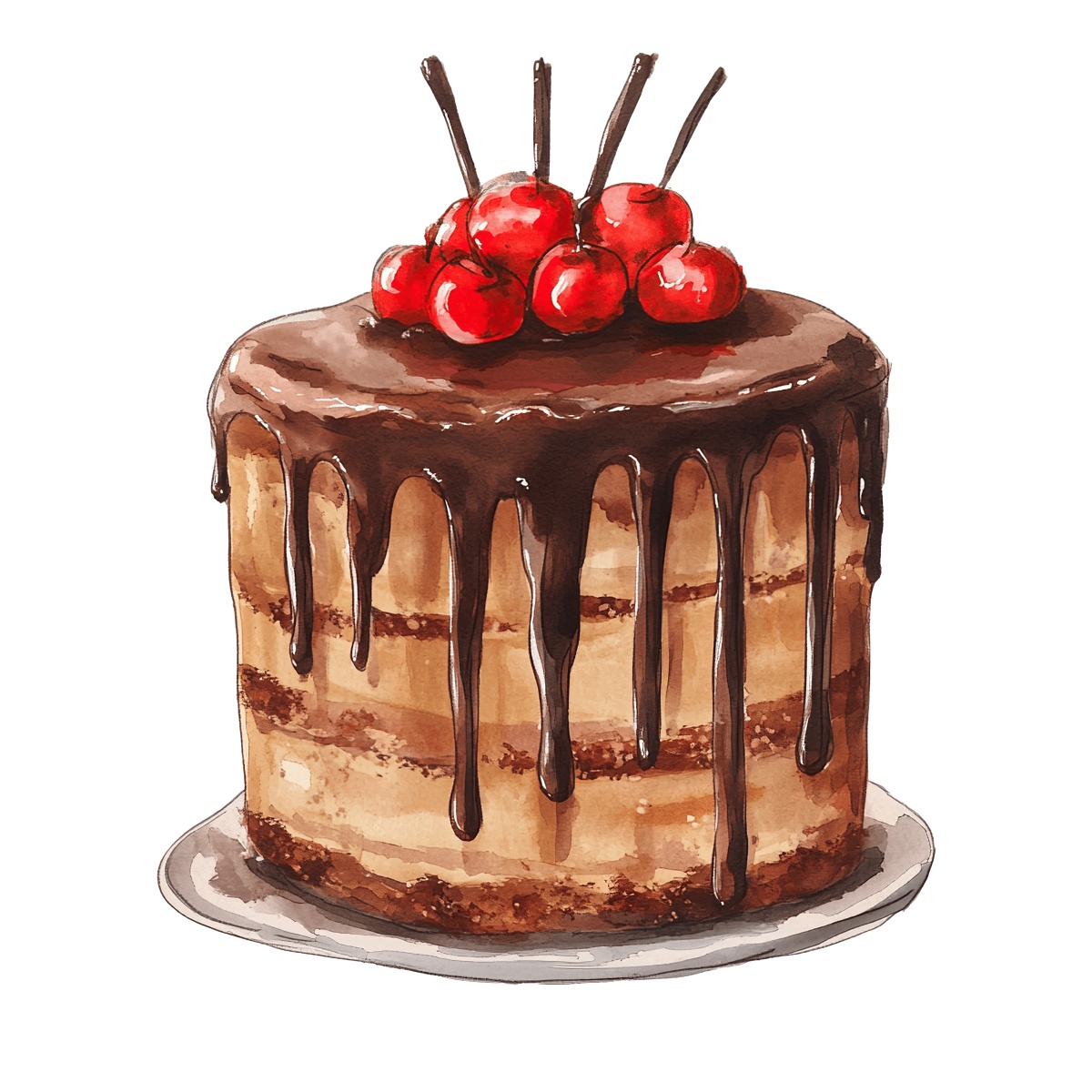 Chocolate cake with dripping icing and cherries on a white plate.
