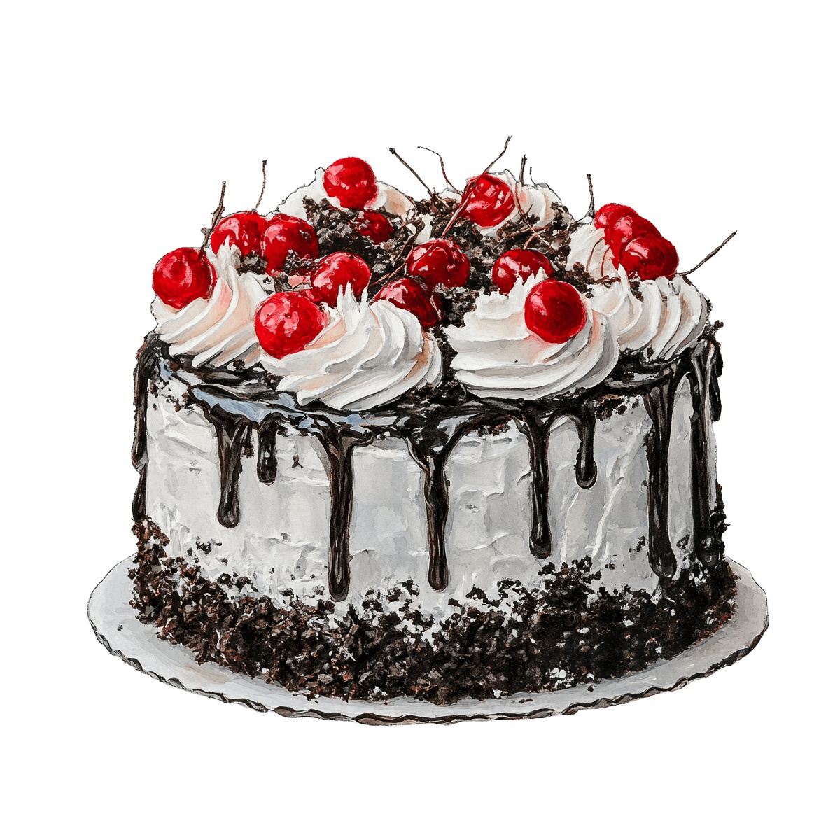 Chocolate cake with cherries and whipped cream, featuring a chocolate drip design.