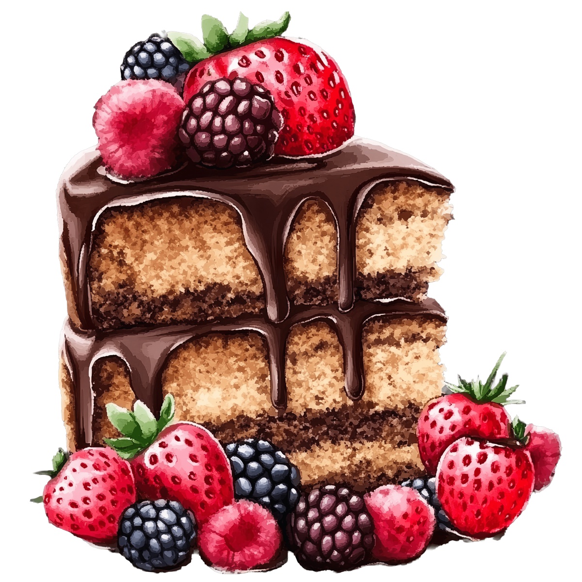 Chocolate cake slice with fresh berries on top, including strawberries and raspberries.