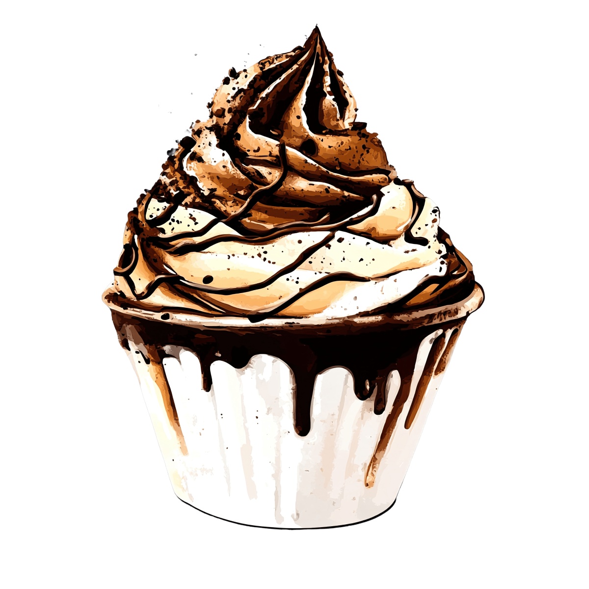 Cupcake with chocolate drizzle and swirled frosting.
