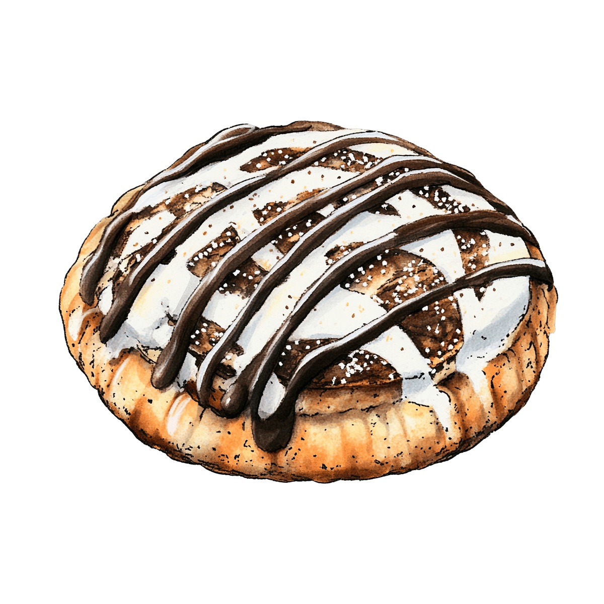 Pastry with chocolate drizzle and white icing on top.