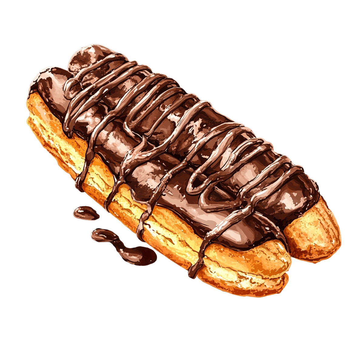 Chocolate eclair with drizzled chocolate topping.