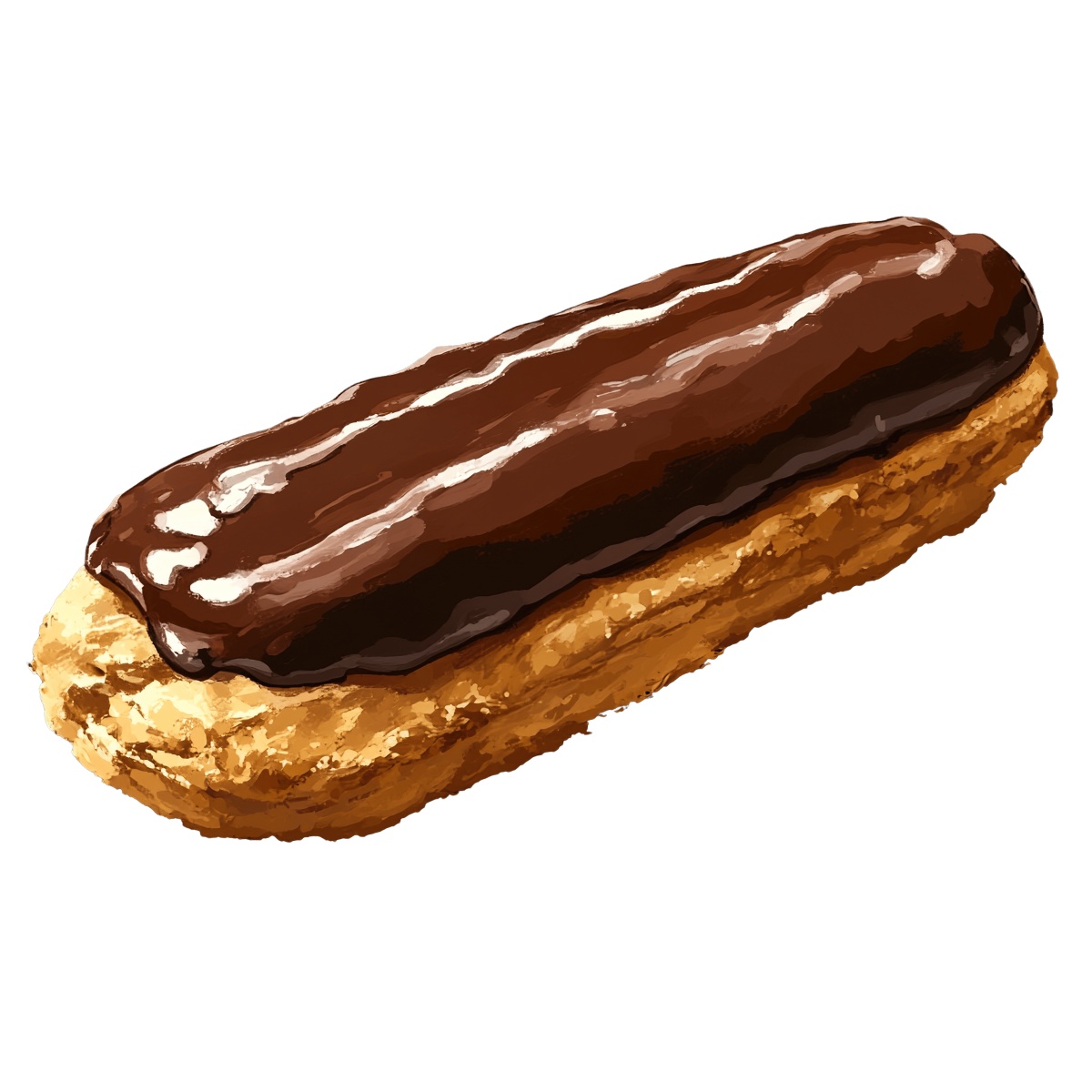 Chocolate glazed éclair with cream filling on a transparent background.