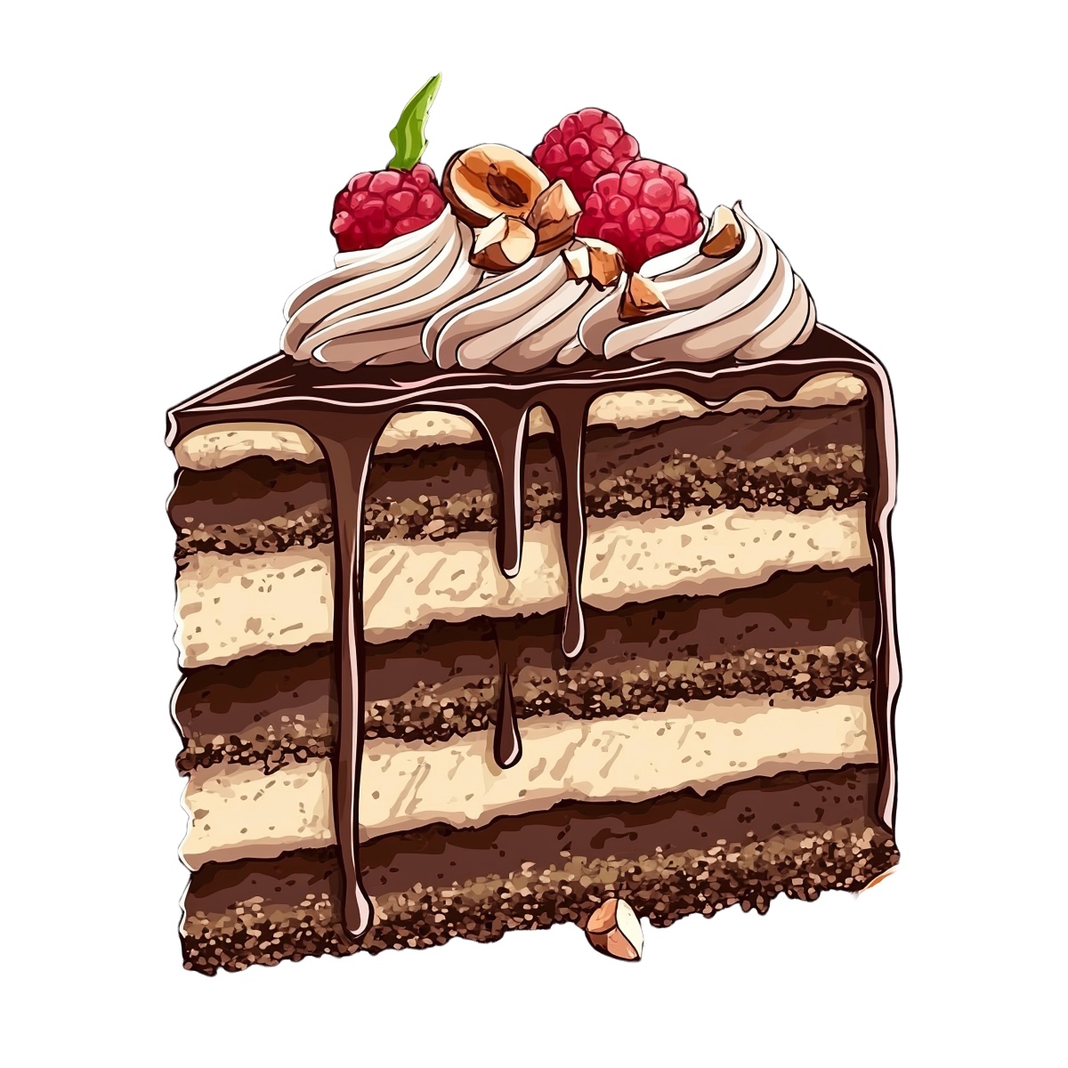 Chocolate layer cake slice with raspberries and hazelnuts on top.