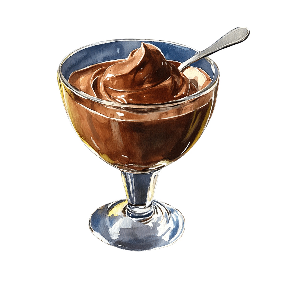 Chocolate mousse in a glass dish with a silver spoon.