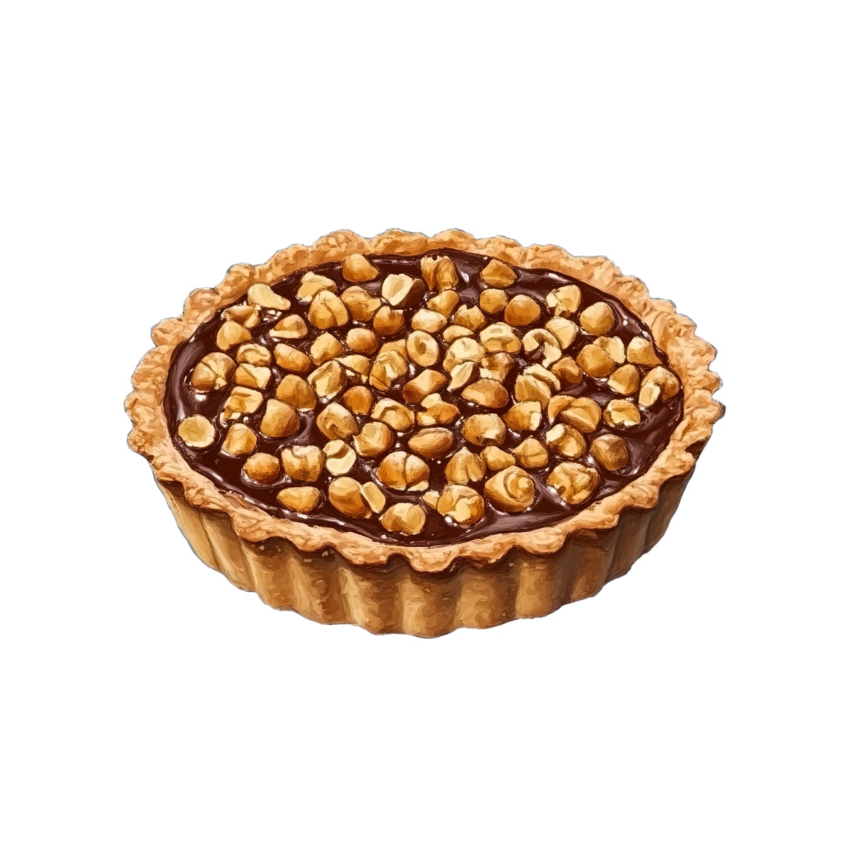 Chocolate tart with hazelnut topping in detailed clipart style.