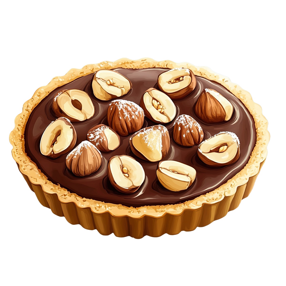 Chocolate tart featuring hazelnuts and a light dusting of powdered sugar.