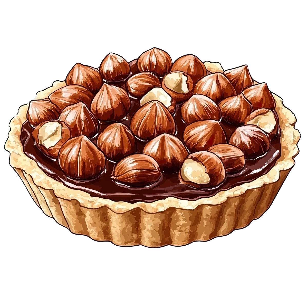 Chocolate tart with whole hazelnuts on a pastry crust.