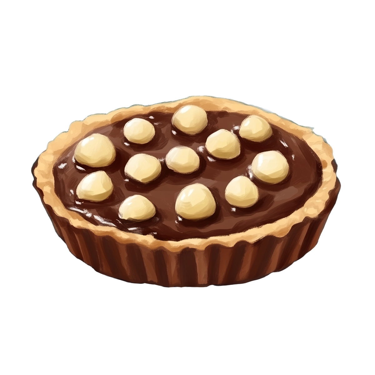 Chocolate tart with macadamia nuts in a pastry shell.