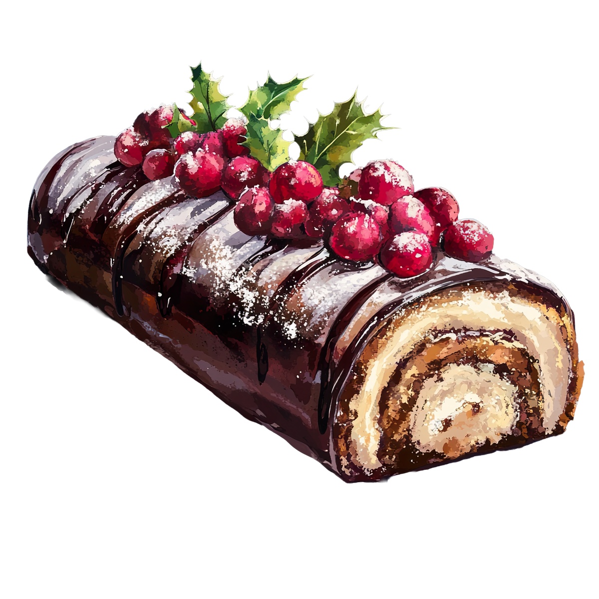 Chocolate Yule log cake decorated with berries and holly leaves.