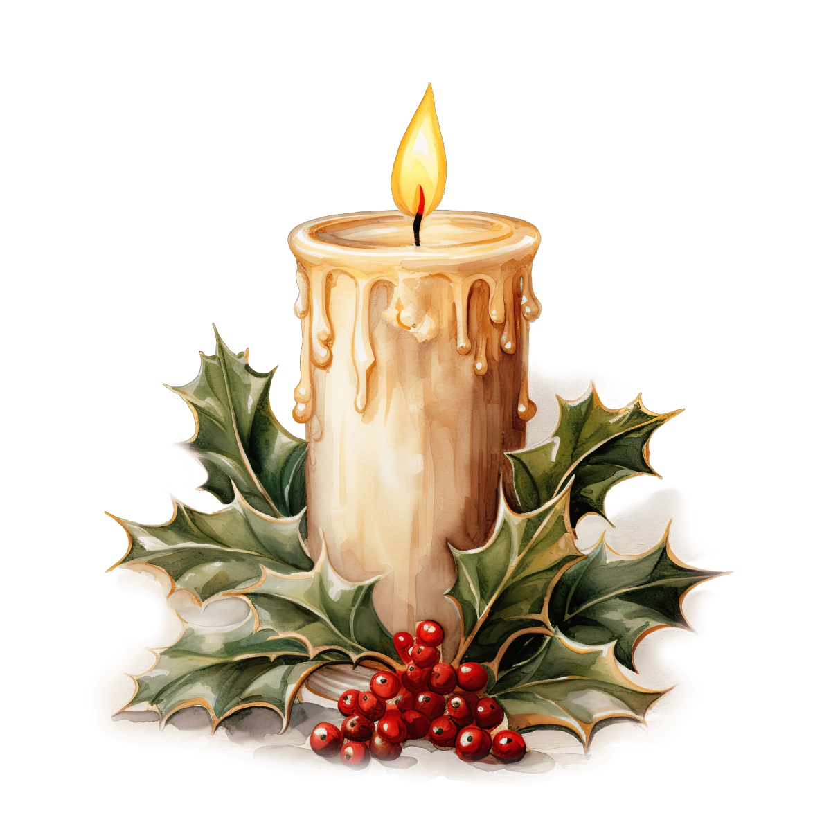 Christmas candle with wax drips, holly leaves, and red berries illustration.