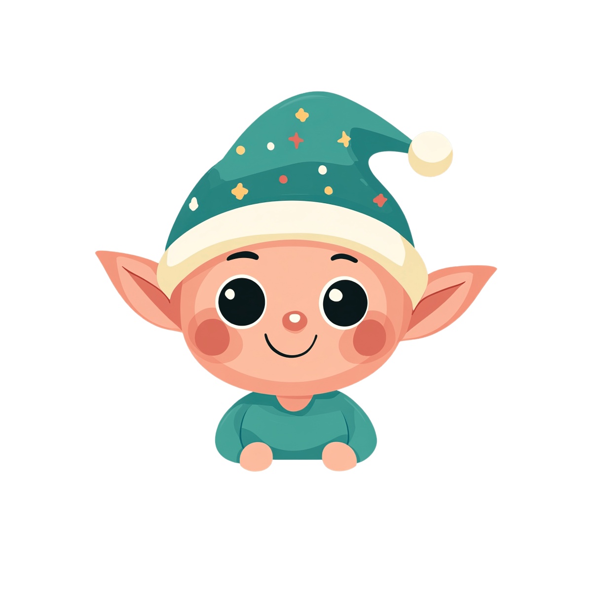 Christmas elf character with a green hat and festive decorations.