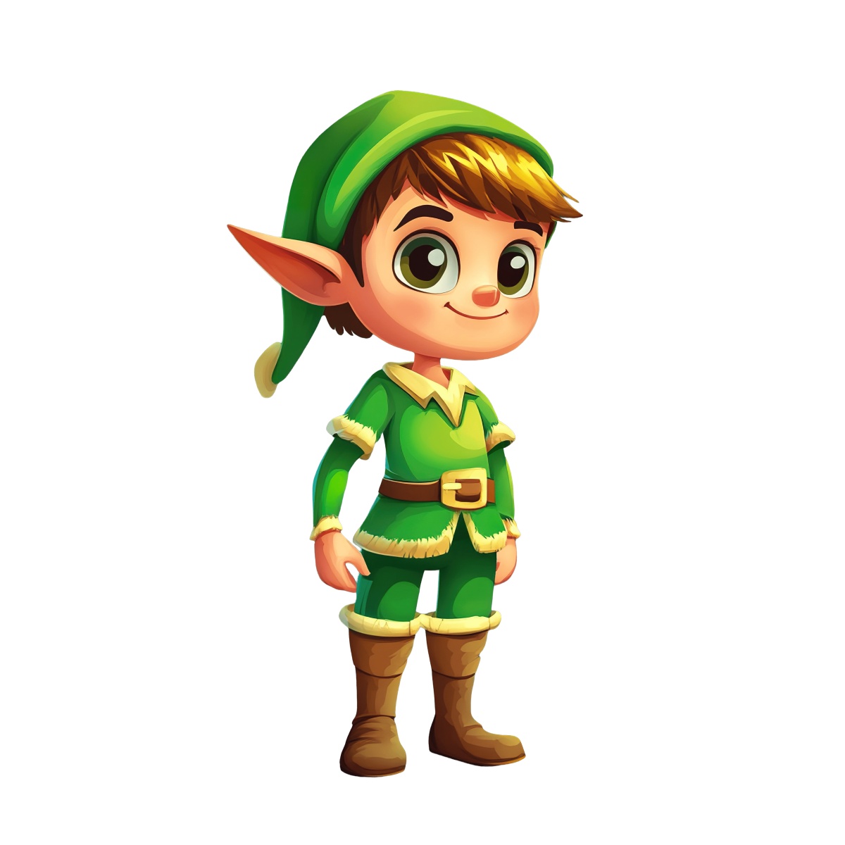Christmas elf in green outfit with pointy ears and a hat.