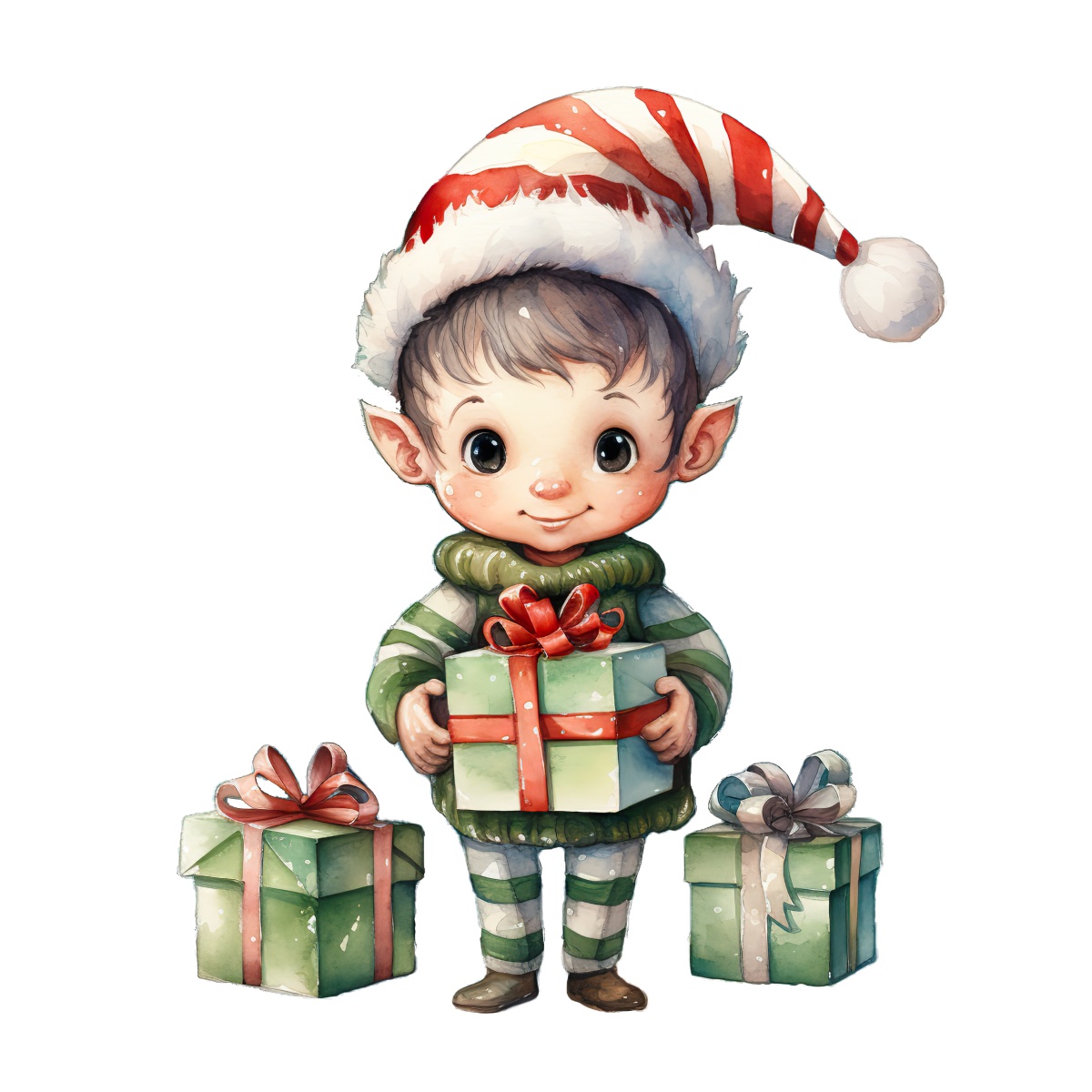 Christmas elf in striped outfit holding green and red wrapped presents.