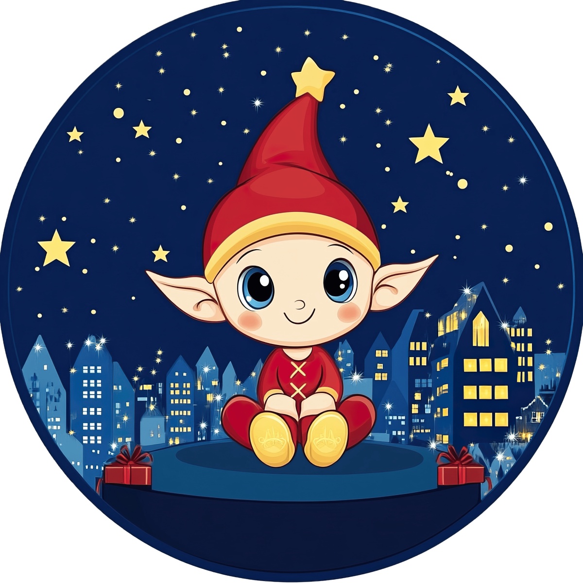 Christmas elf in red outfit sitting on a rooftop under a starry night sky.