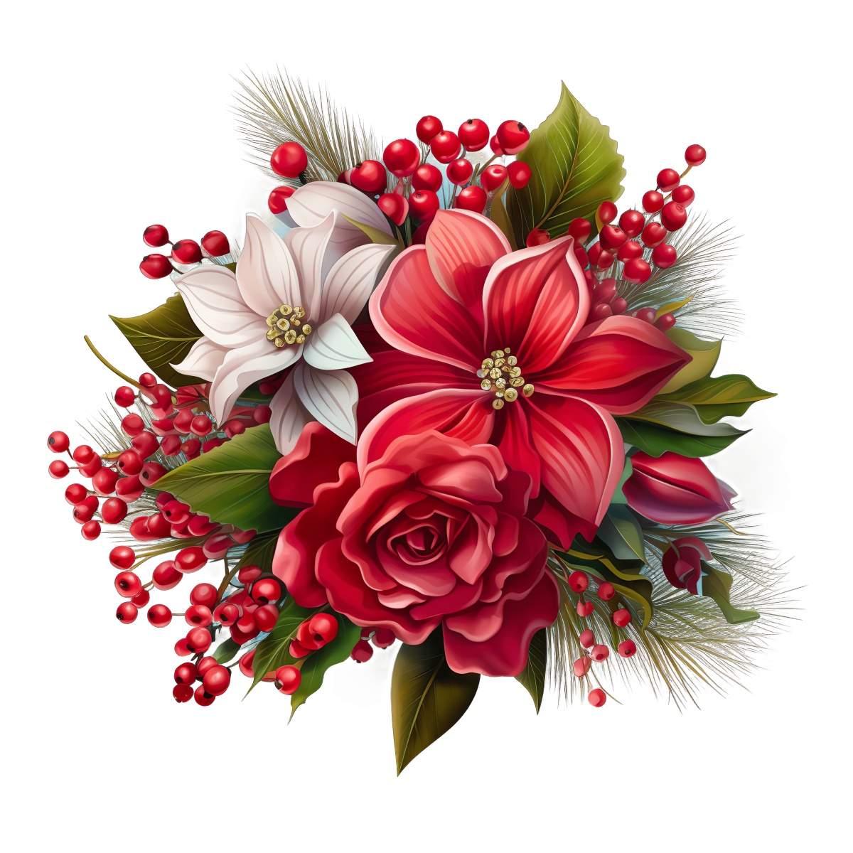 Christmas floral arrangement with red roses, green leaves, and bright berries.