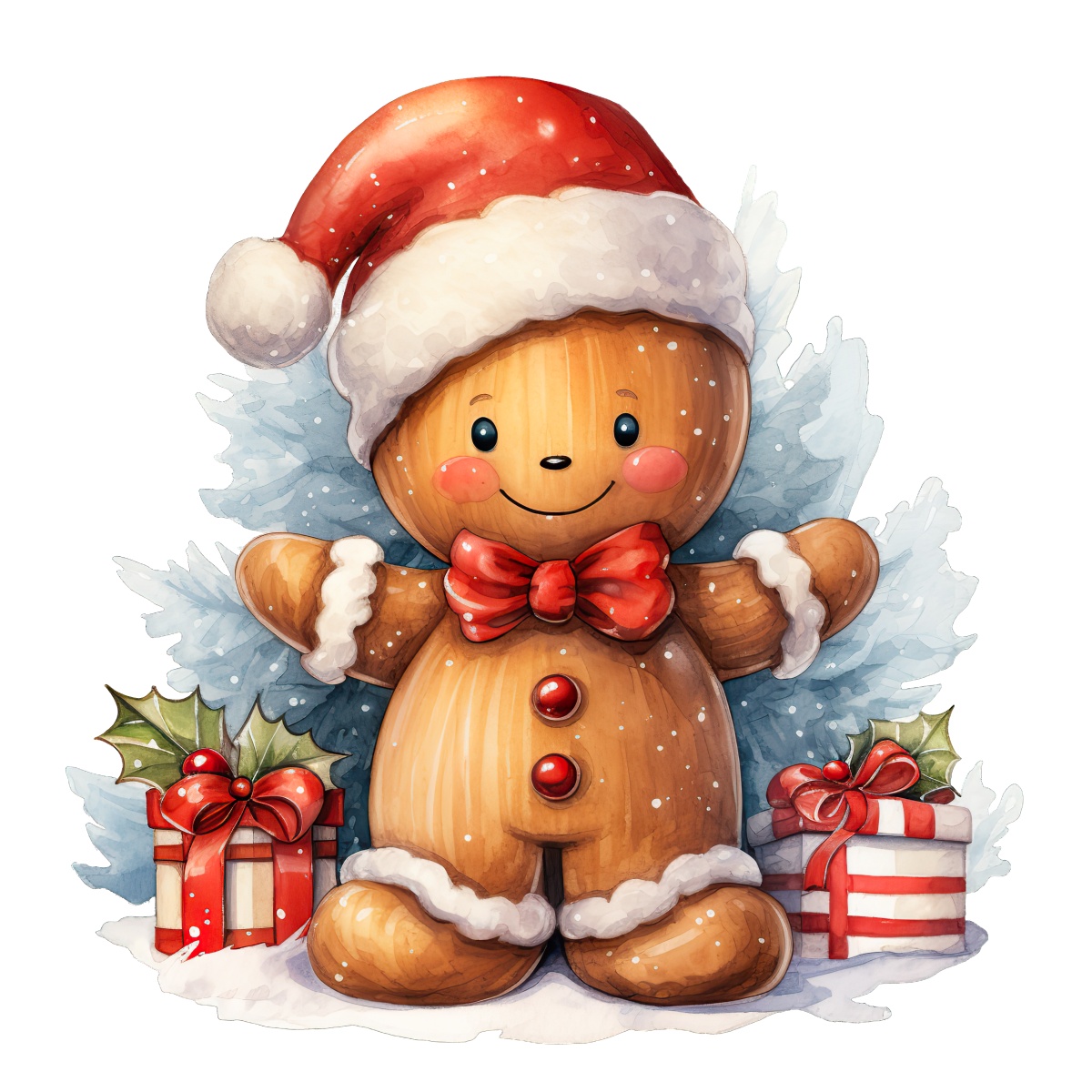 Gingerbread man wearing Santa hat with gifts and holly around.