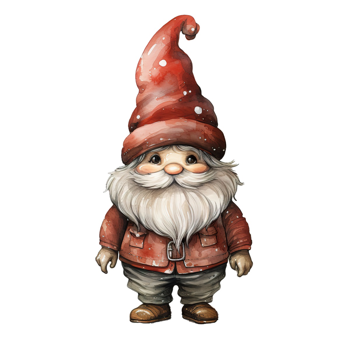 Christmas gnome in red hat with white beard and festive coat.
