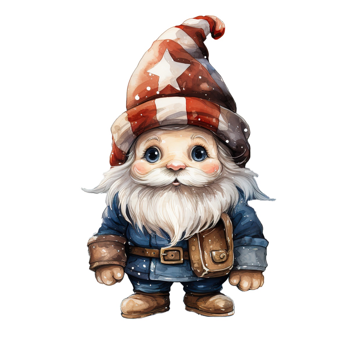 Gnome in blue clothing with star-patterned hat and white beard.